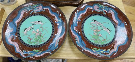 A pair of Japanese cloisonne enamel dragon chargers diameter 45cm